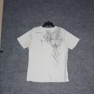 Affliction Typet‎ Mens Medium V Neck Graphic T Shirt White Short Sleeve Button